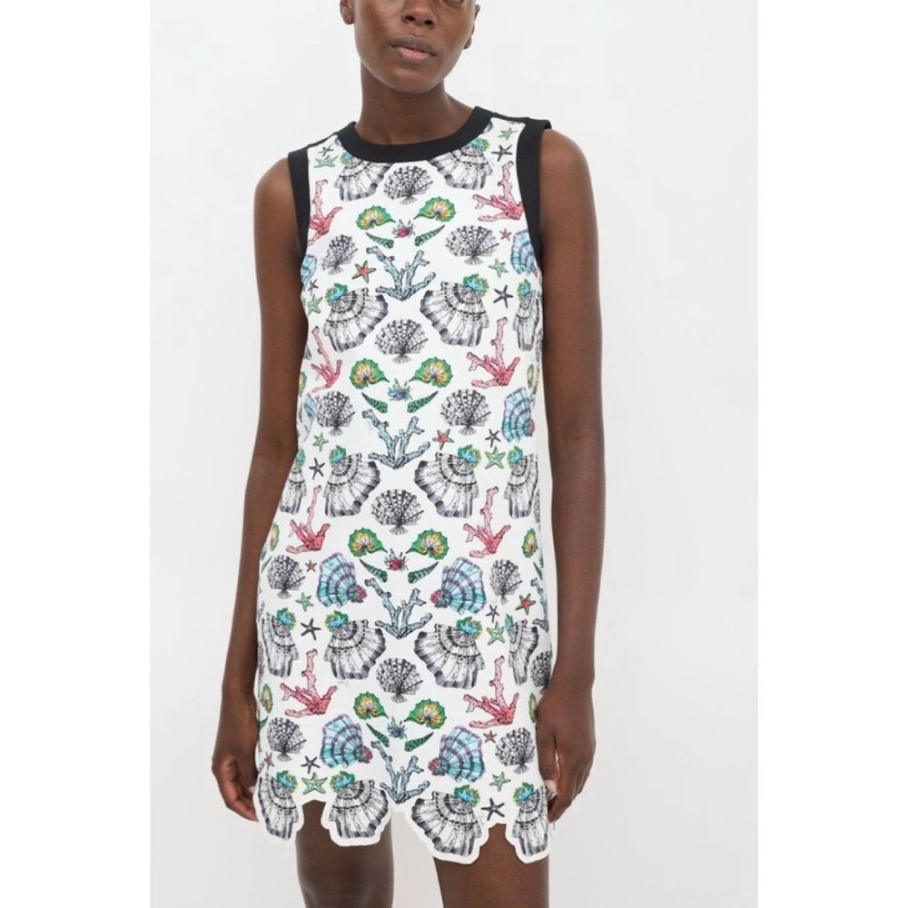 EMILIO PUCCI White & Multicolour Seashell Scalloped Shift Dress Size 42 / 10